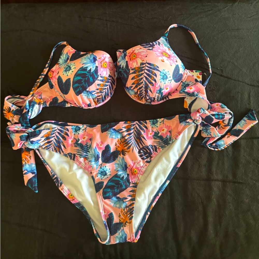 Pink and Blue floral push up bikini, tropical flowers, Top and bottoms XL/XXL